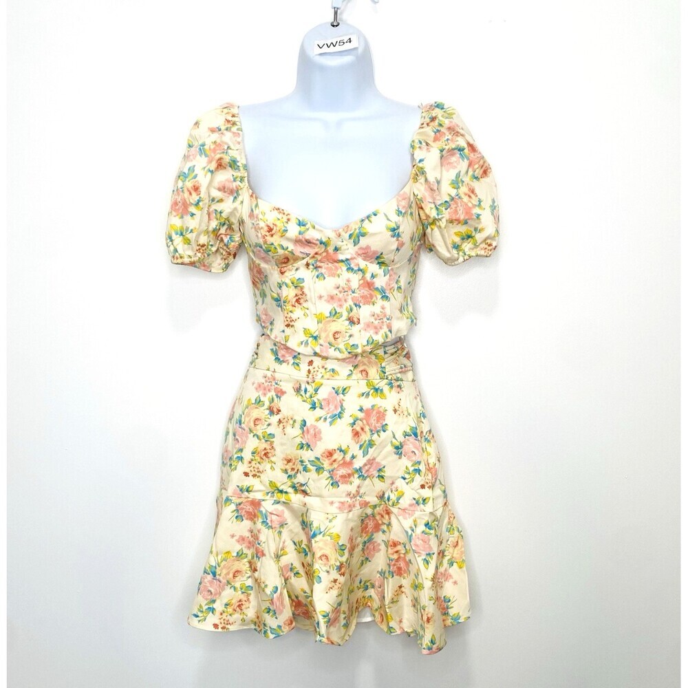Zara 2 Piece Garden Party Boned Blouse Skirt Set Satin Effect Small Puff Sleeve